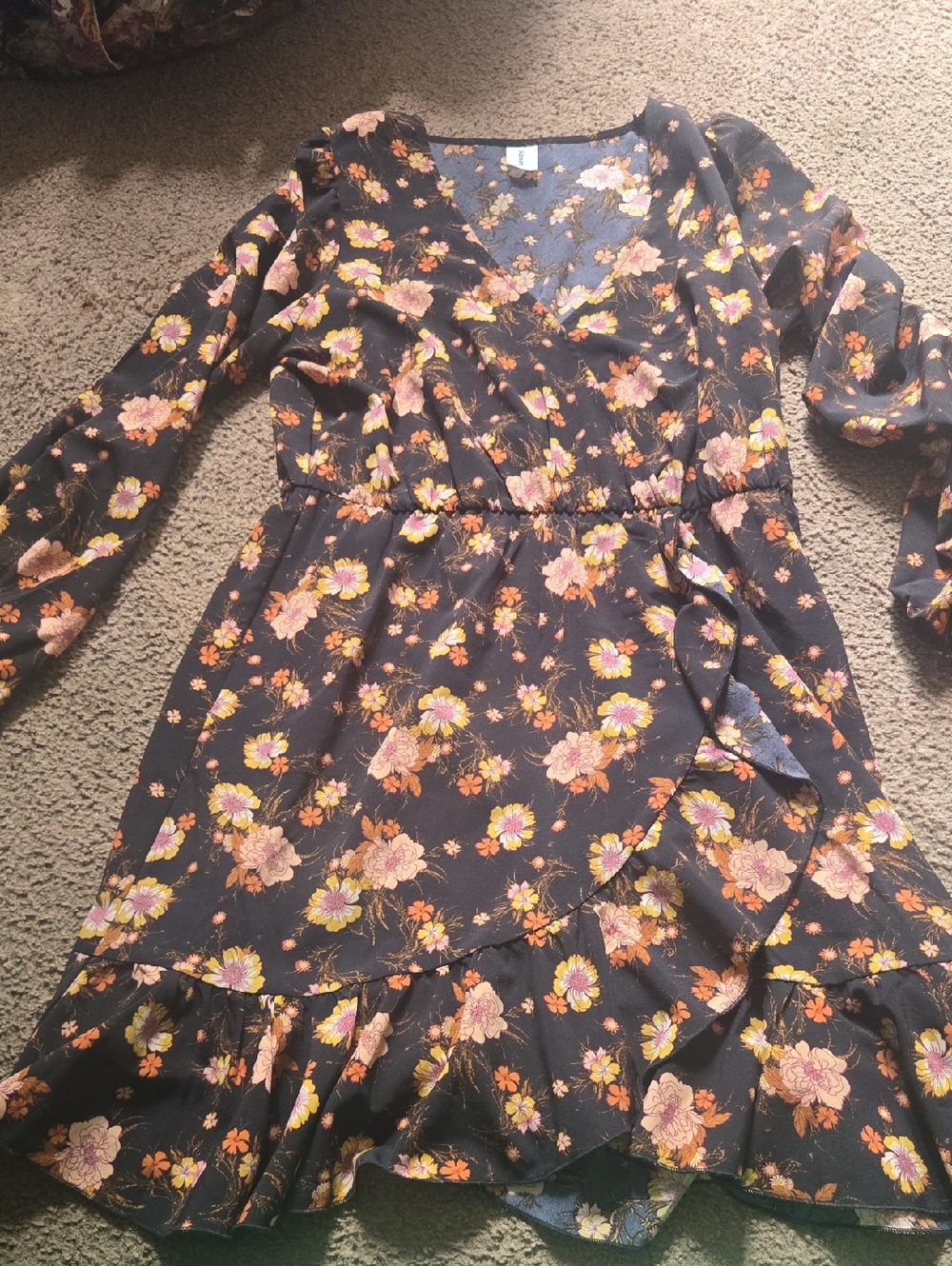 Abound Black Floral Faux Wrap Dress with Ruffle Hem Long Sleeve💫